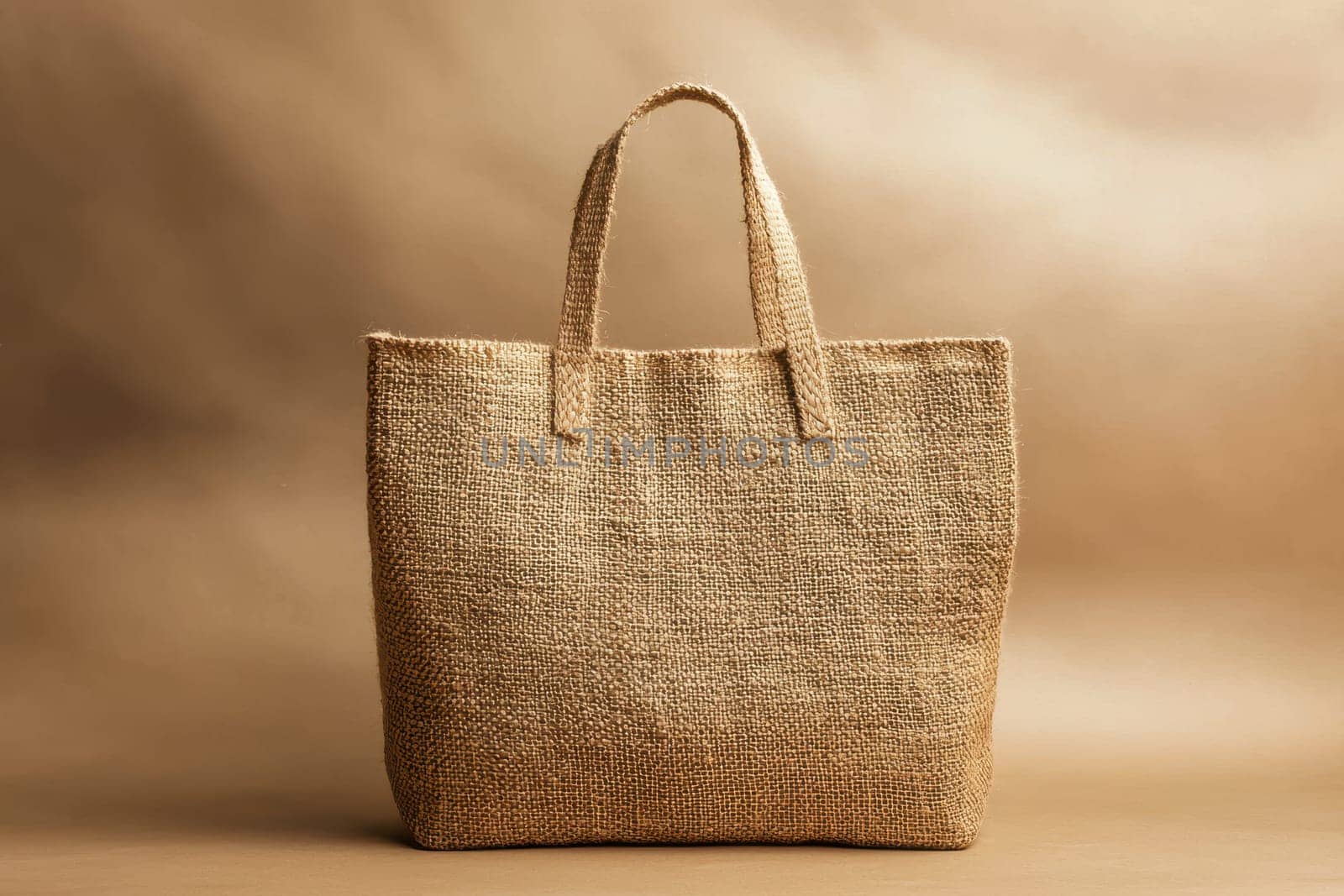 A stylish beige jute shopping bag displayed on a neutral background. Perfect for eco-friendly shopping, this versatile tote showcases natural texture and simplicity.