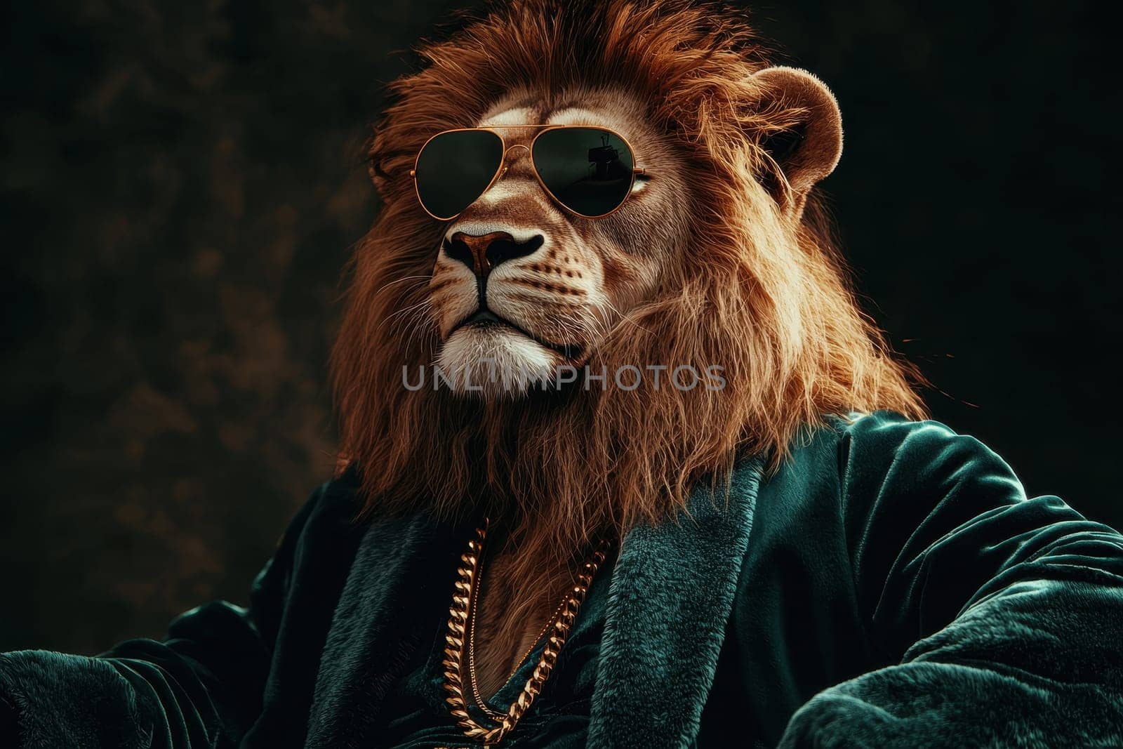 A majestic lion wearing stylish sunglasses and a luxurious velvet robe exudes elegance and confidence, creating a striking portrait of royalty and charm.