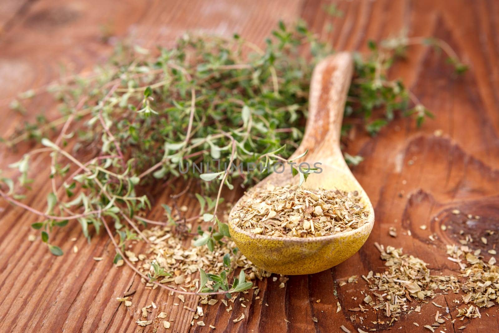 Display of dried thyme leaves on a spoon surrounded by fresh thyme leaves.