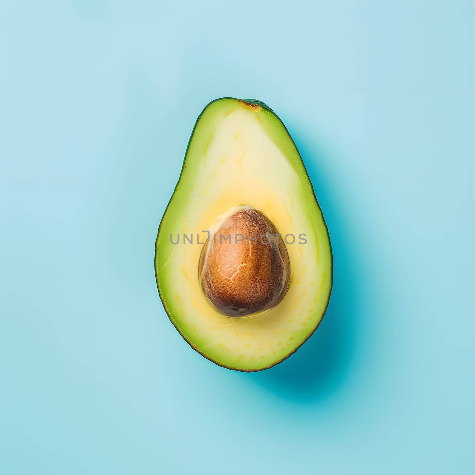 An avocado, a superfood, is cut in half on a blue background. Avocados are a staple food known for their natural and nutritious properties, commonly used as an ingredient in various dishes