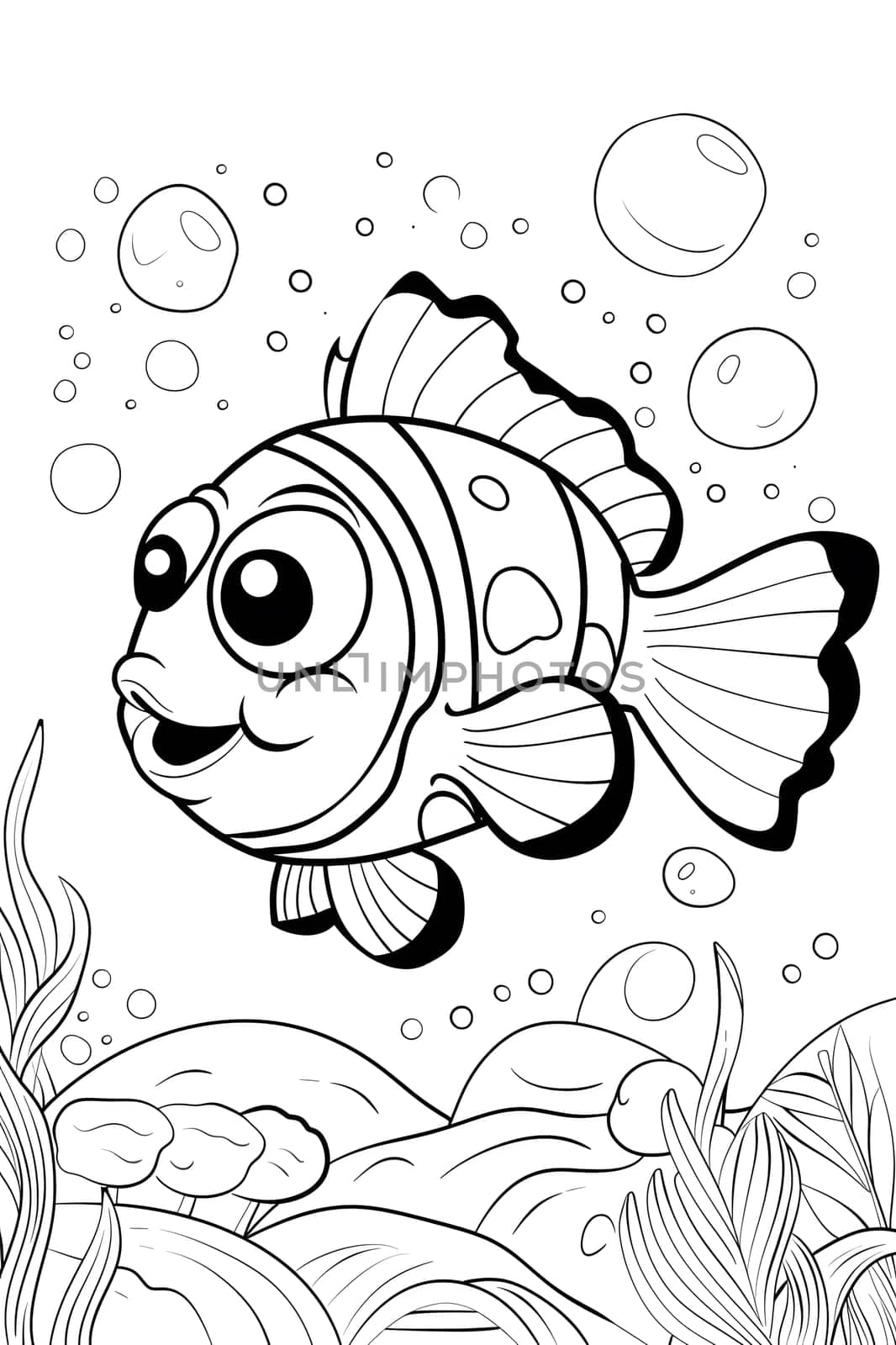 A cartoon illustration of a clown fish, a vertebrate organism, swimming in the ocean. The black and white drawing is done in a rectangle art style