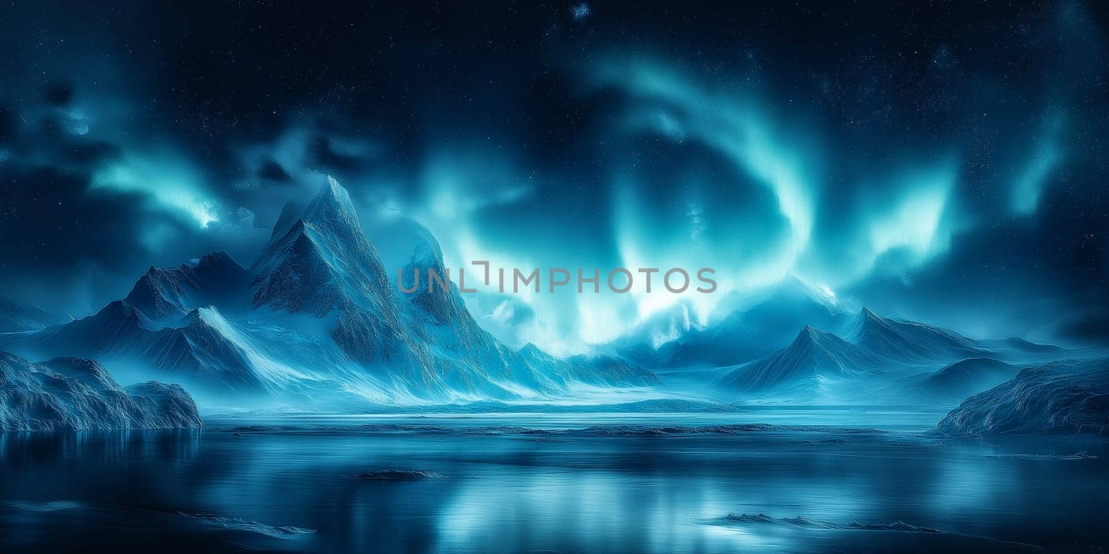 A breathtaking view of the aurora borealis illuminating a serene, icy mountain landscape. The vibrant lights reflect on the calm waters, creating a mesmerizing and magical atmosphere.