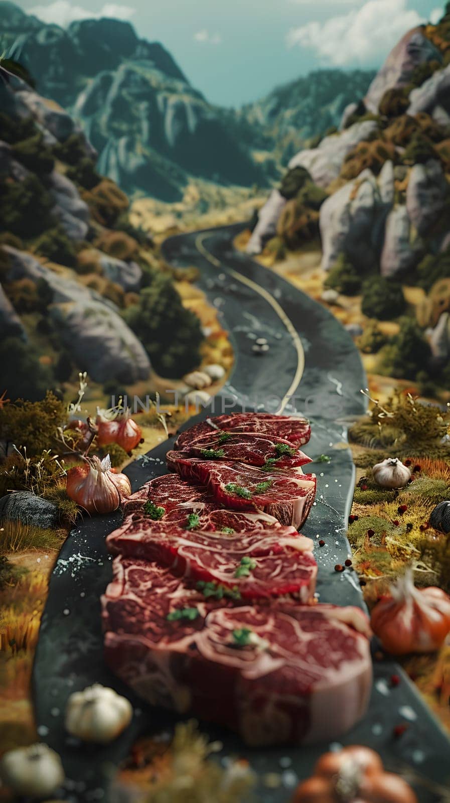 Raw steaks, vegetables set on nature road with scenic mountain backdrop
