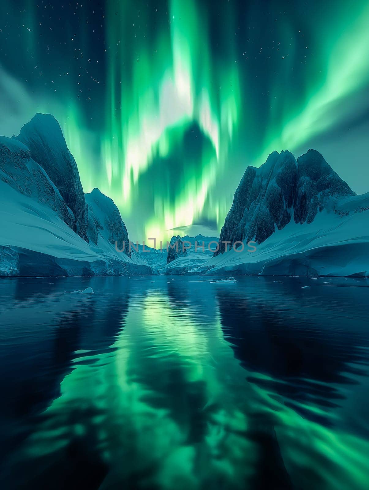Breathtaking view of the Northern Lights reflecting over a tranquil icy lake, surrounded by majestic snow-covered mountains under a starlit sky.