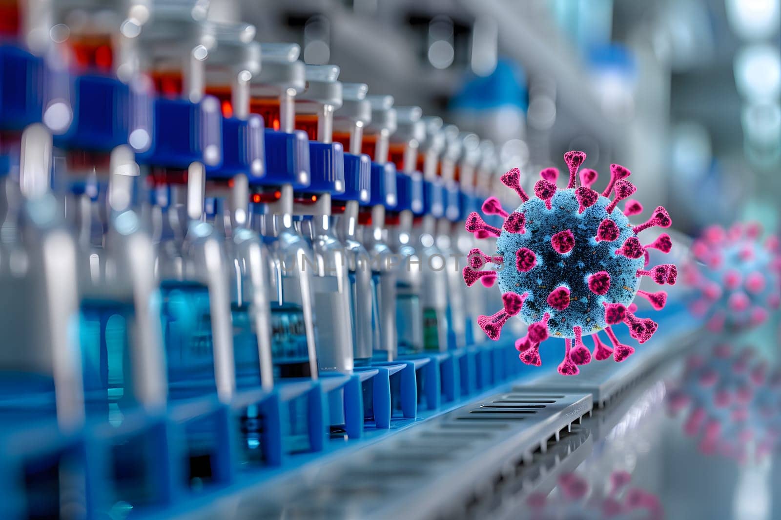 A row of electric blue test tubes on a machine in a laboratory, with a virus in the foreground. The plastic bottles and wires create a pattern, with audio equipment in the background