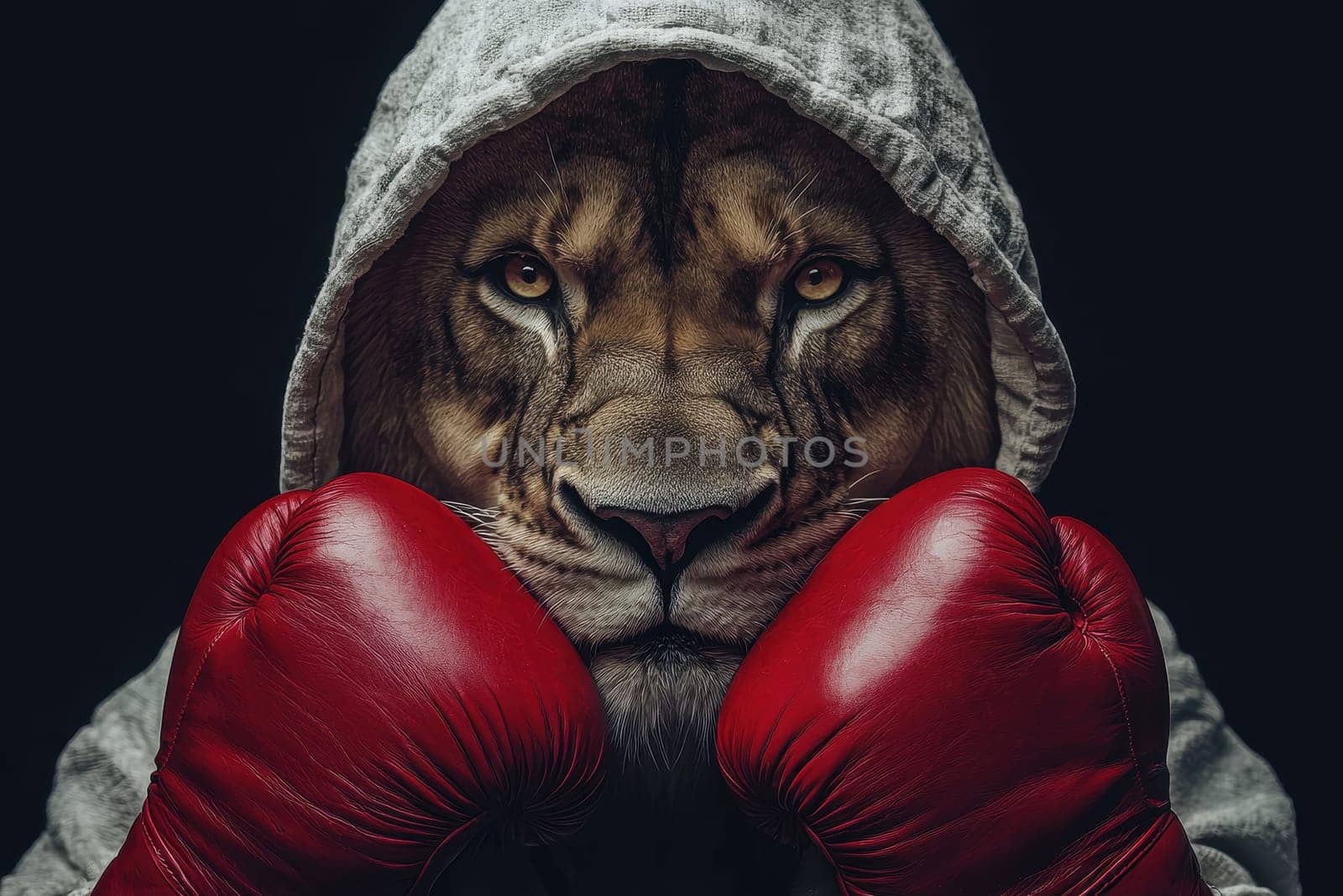 This striking portrait features a lion in boxing gloves, exuding strength and determination. The photorealistic details and dramatic lighting highlight its fierce expression, creating a unique and powerful visual impact.