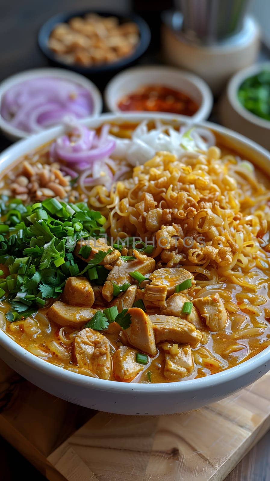 Bowl of spicy chicken noodles, garnished with fresh herbs, onions, and peanuts.
