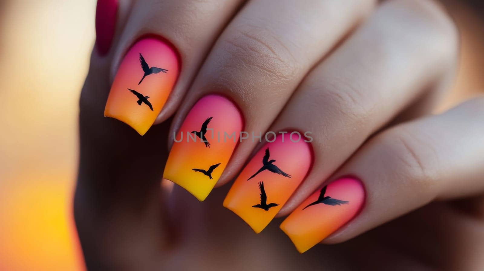 Close-up of a woman's hand showcasing colorful ombre nails transitioning from pink to orange. each nail features a delicate bird silhouette, creating a captivating and trendy beauty design ideal for fashion-forward branding.