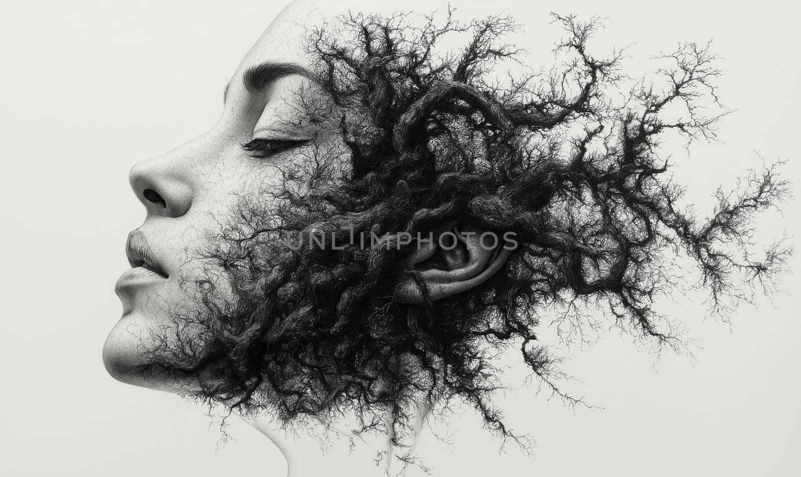 Monochrome abstract sketch of a human head, neurographics. Selective focus.