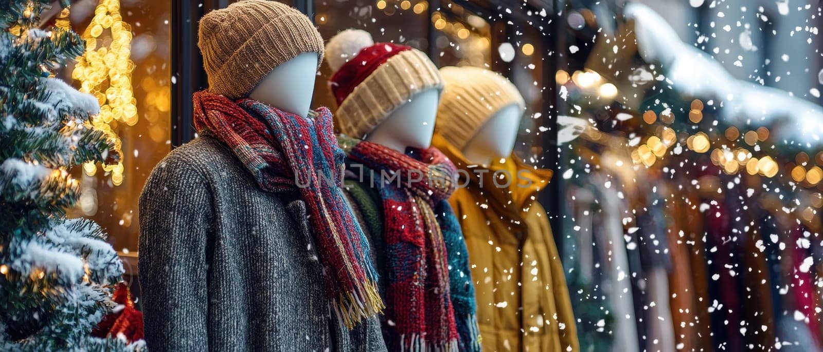 A vibrant winter fashion sale scene featuring mannequins dressed in cozy clothing, surrounded by a snow-filled atmosphere and festive lights.