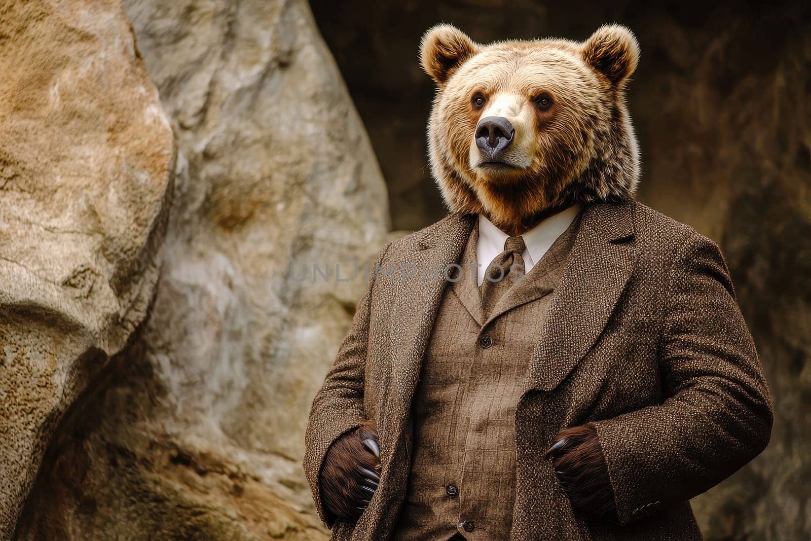 A grizzly bear dressed in a rugged brown suit stands confidently, blending elements of nature and human fashion, presenting a unique and striking visual.
