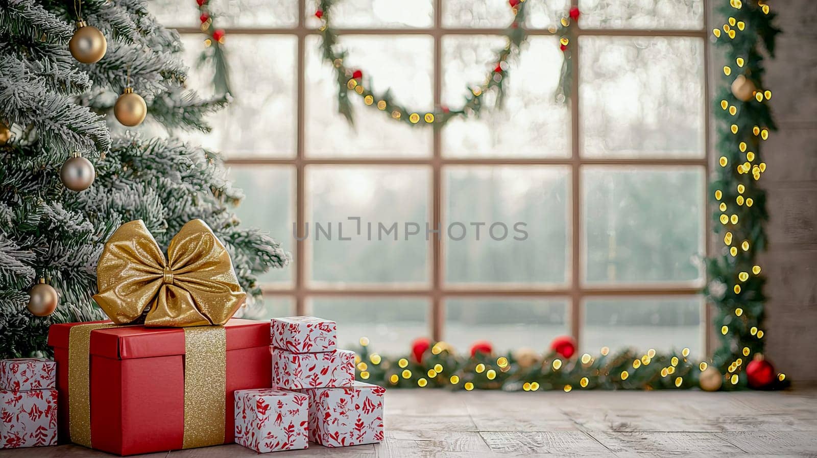 A gift box with red wrapping and a big golden bow lies next to a stack of gift boxes under a Christmas tree against a winter window.