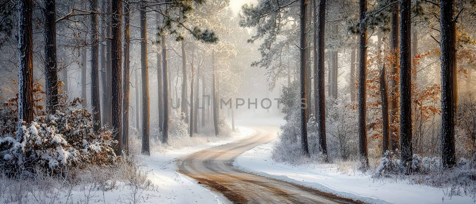A serene snowy road winds through a tranquil forest, surrounded by tall trees. The peaceful winter landscape offers a beautiful escape into nature.