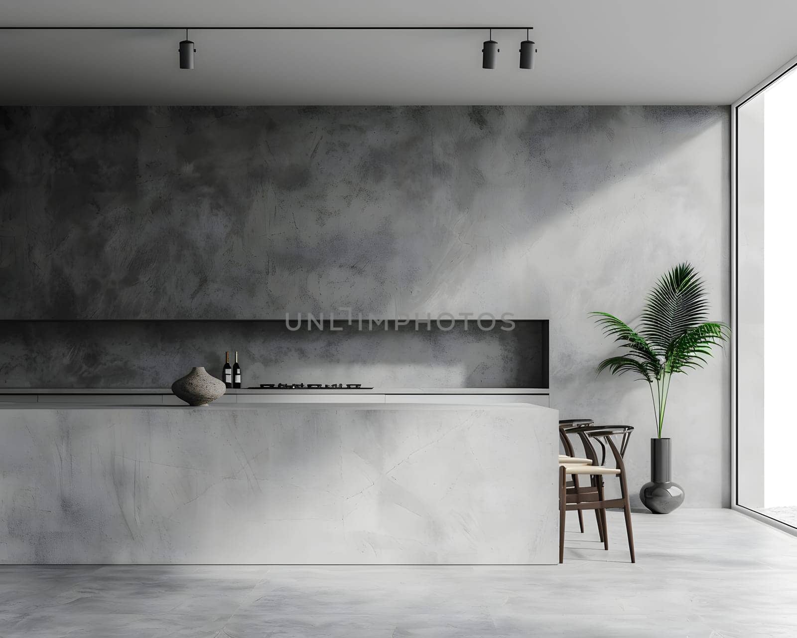 Spacious kitchen with concrete walls, minimalistic design and natural lighting