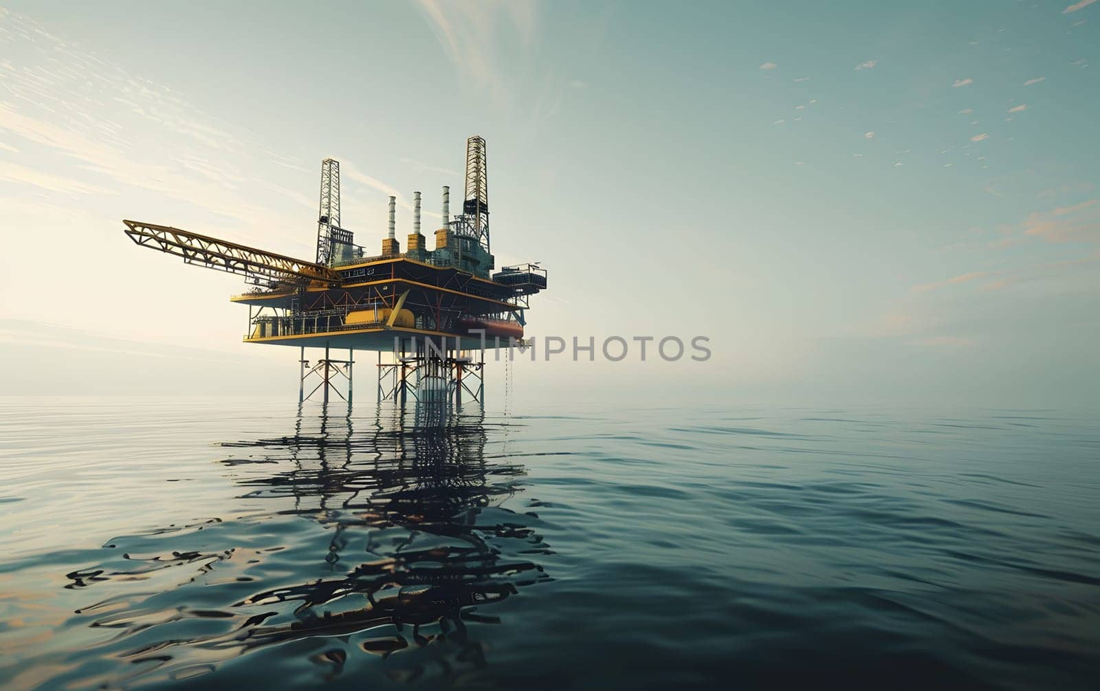Offshore oil rig in the morning light, casting reflections on the tranquil waters