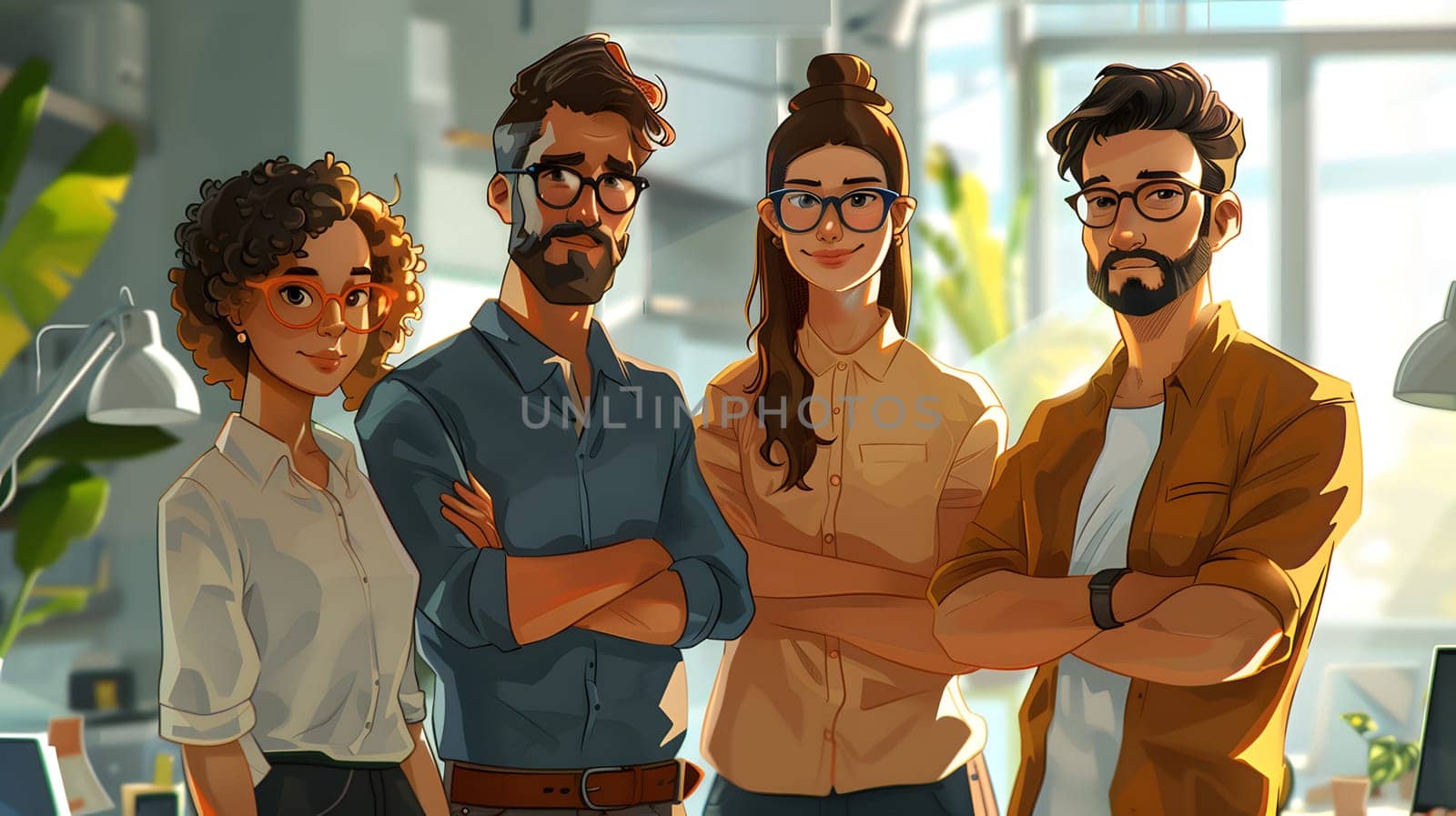 A group of people in eyewear standing together casually with their arms crossed, sharing a gesture of camaraderie at a leisure event. Some have beards, thumbs up, engaged in fun conversation