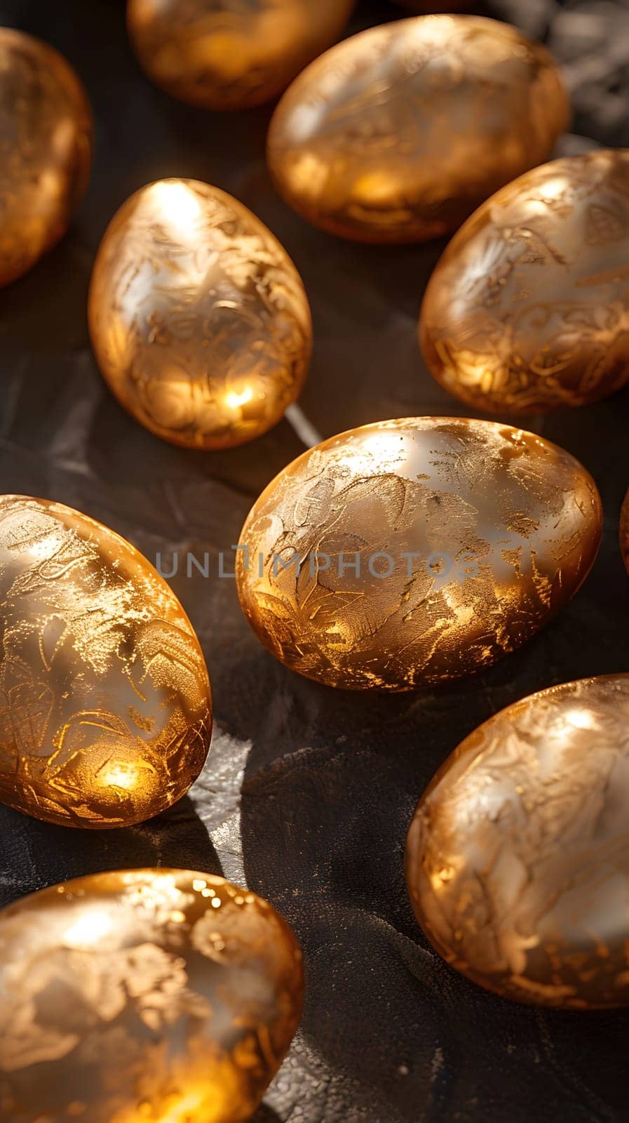 Several golden eggs are displayed on a wooden table, shining like brass metal. They resemble fashion accessories as they sit in a circle, waiting to be used in a cuisine recipe