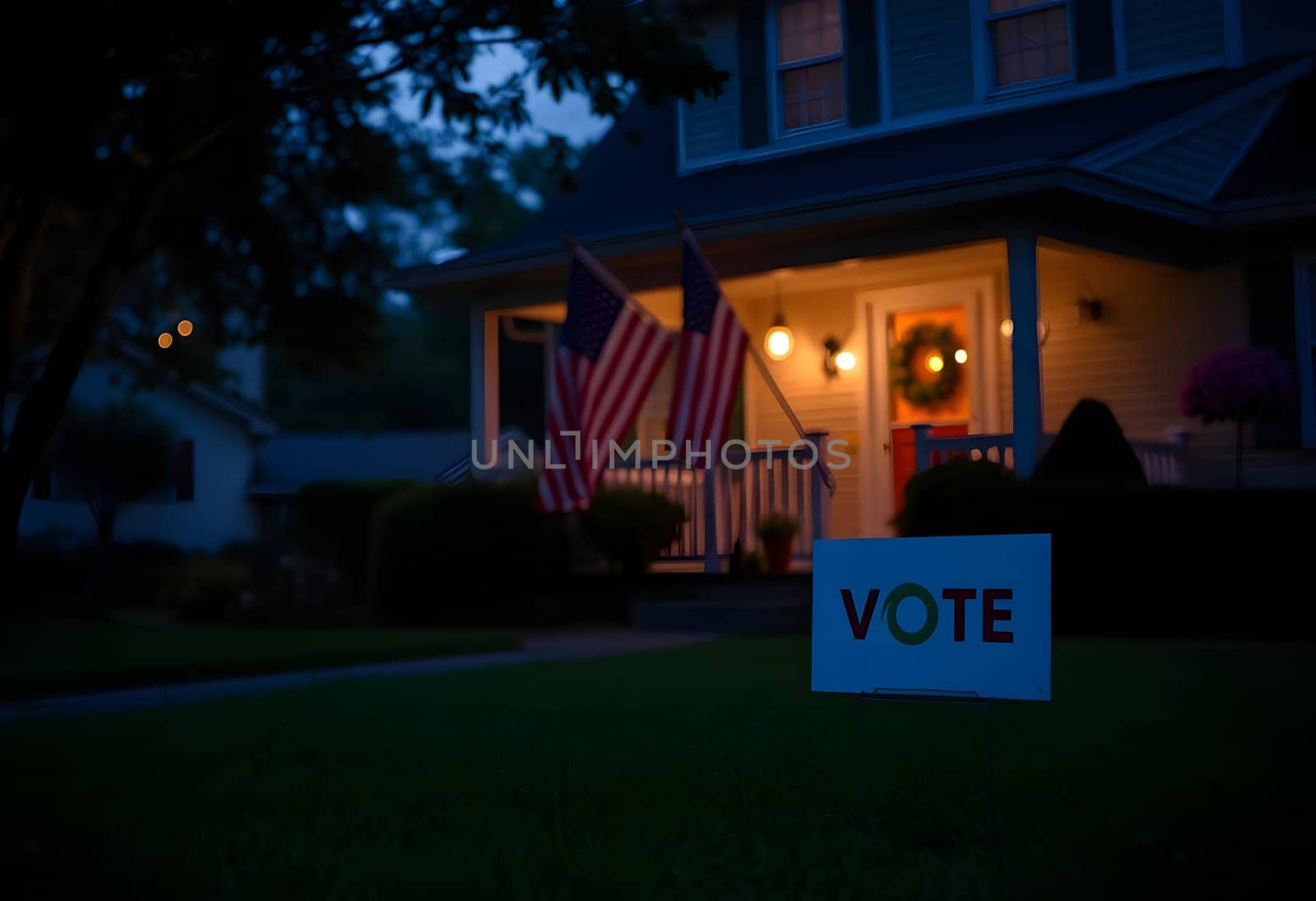A cozy suburban home with an American flag on the porch and a "Vote" yard sign, lit warmly, embodying American pride and community. High quality photo