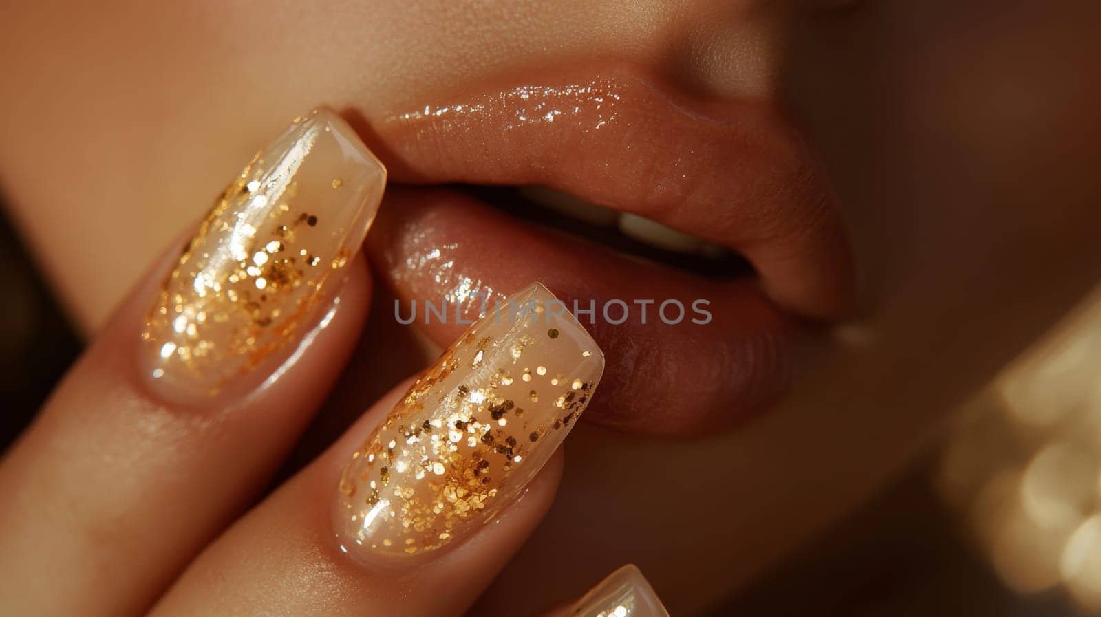 Stunning close-up of a woman's hand showcasing clear nails with shimmering gold glitter, complemented by glossy lips. highlights modern elegance and beauty trends, perfect for fashion and beauty concepts.