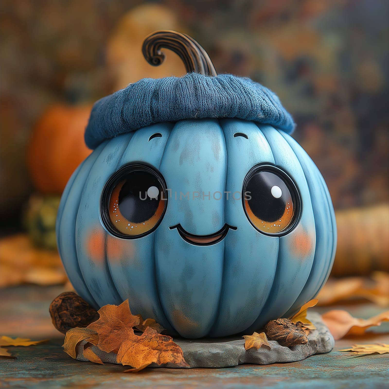 3d blue cartoon smiling pumpkin with eyes on abstract background. Selective focus.
