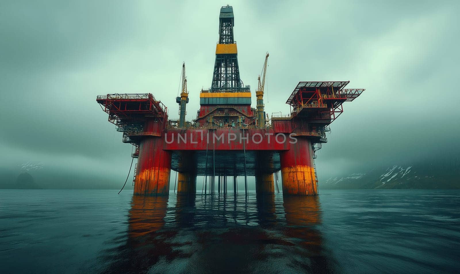 Industrial offshore drilling rig in the middle of the sea. Selective focus.