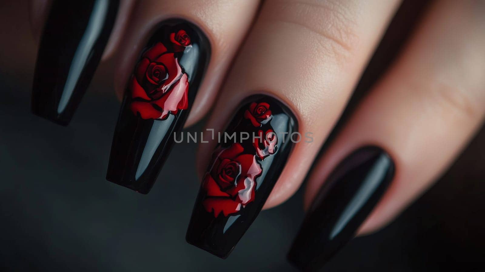 Close-up of a woman's hand showcasing elegant black nails with intricate red rose designs. the romantic and bold aesthetic highlights detailed artistry and offers a stylish, modern look ideal for fashion photography.