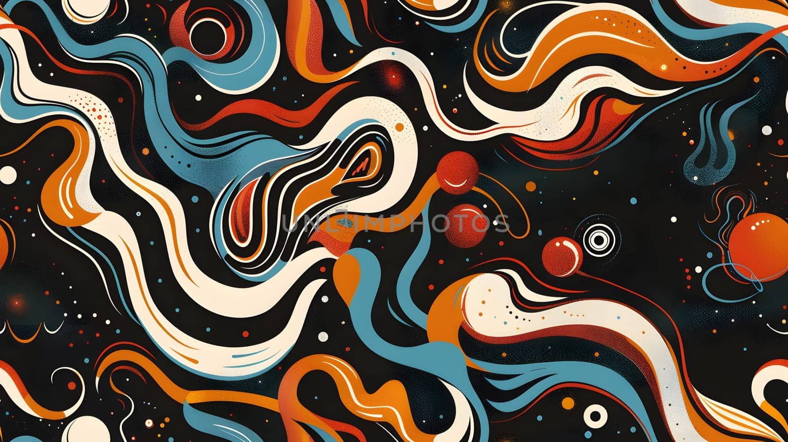 Dynamic abstract design with swirling lines and vibrant colors on a dark background.