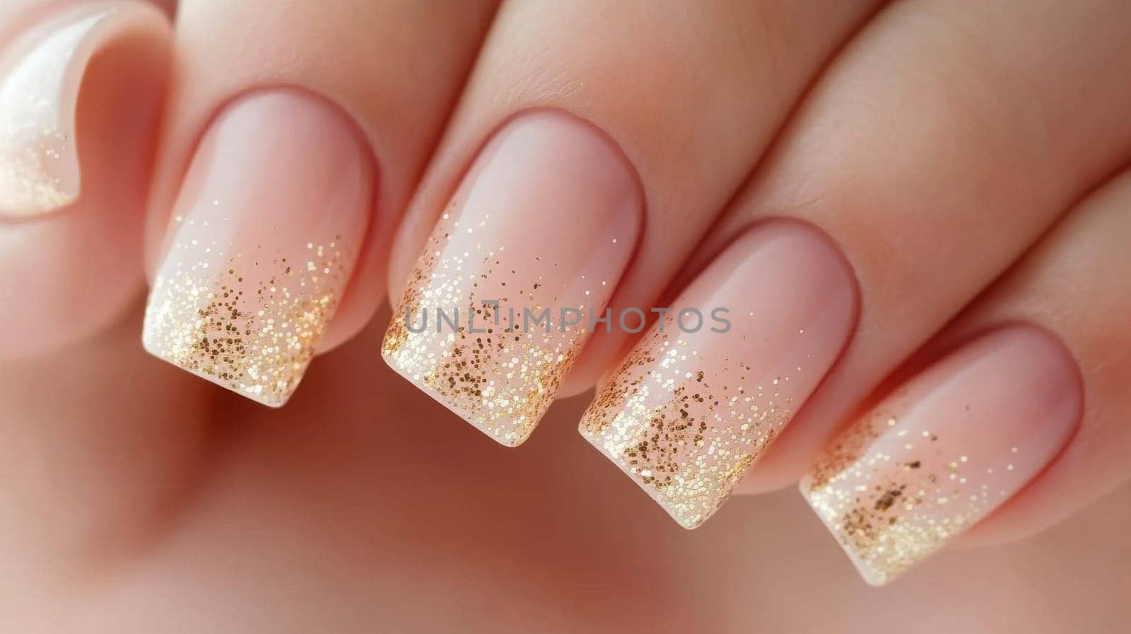 Close-up of a woman's hand showcasing a refined manicure featuring soft pink nails accented with gold glitter. the elegant nail art highlights modern beauty trends and personal expression through creative design.