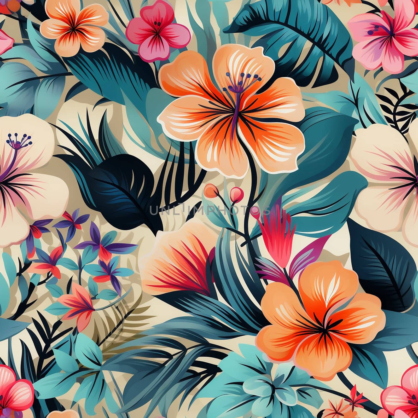 Seamless pattern tile background flowers and floral leaves plants. High quality photo