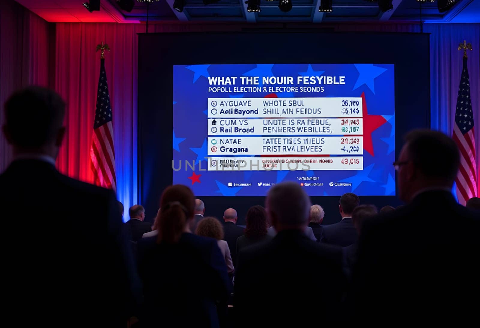 A large screen displaying election results with people watching intently in a room decorated with American flags and red and blue lighting. High quality photo