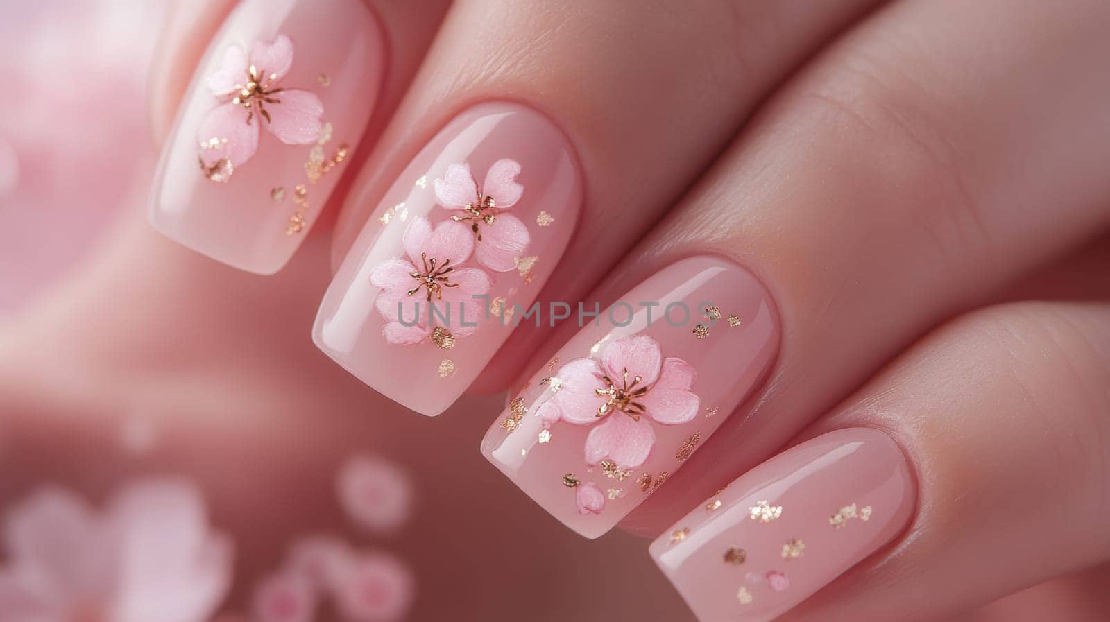 Close-up of elegant fingernails adorned with pastel pink floral patterns and gold accents, embodying the essence of spring. ideal for fashion, beauty, nail art, and design inspiration.