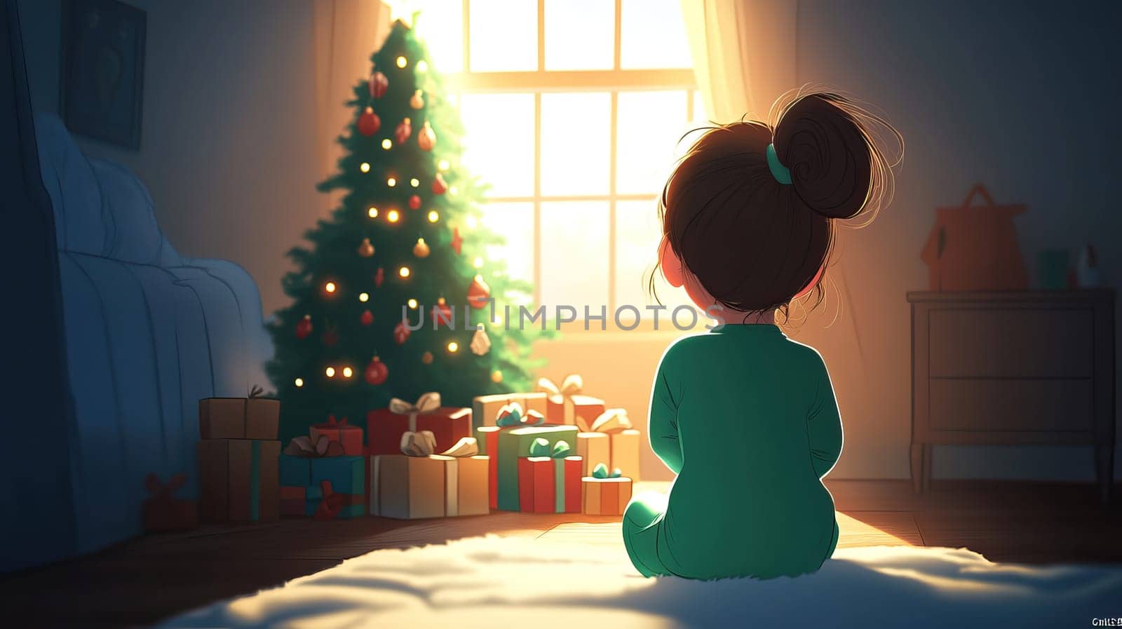 A joyful child sits by a beautifully decorated Christmas tree, excitedly awaiting festivities and gifts