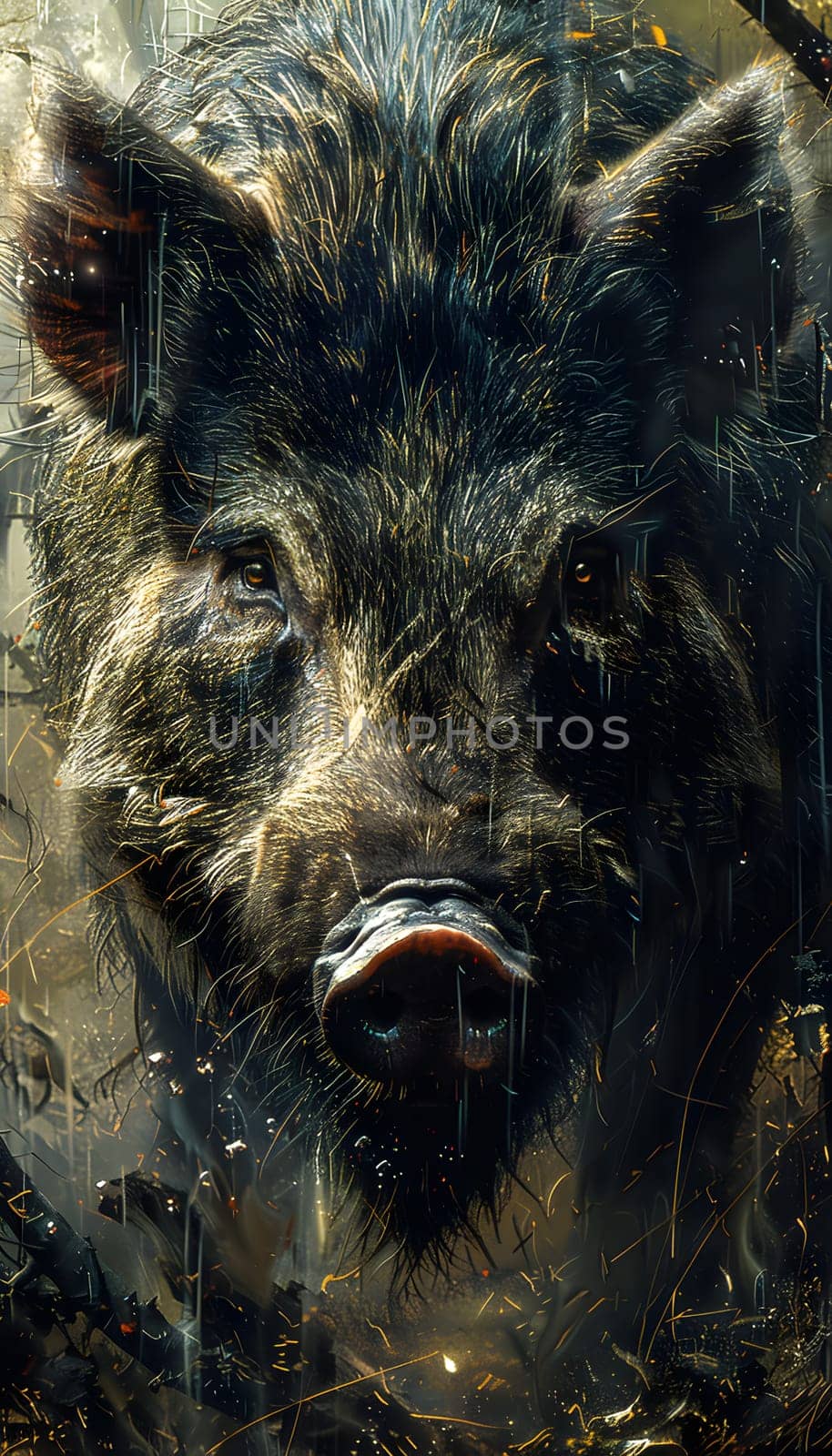 A closeup of a Canidae carnivore, possibly a dog breed, with a fur covering its terrestrial body standing in the woods, its snout pointed towards the camera