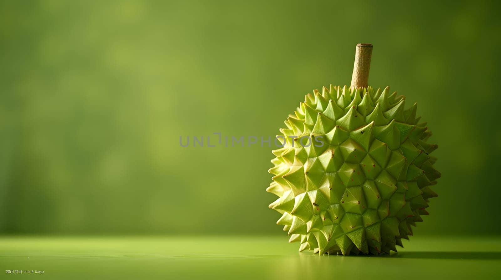 A durian fruit, known for its strong smell, rests on a green table. The durian tree is an evergreen plant native to Southeast Asia