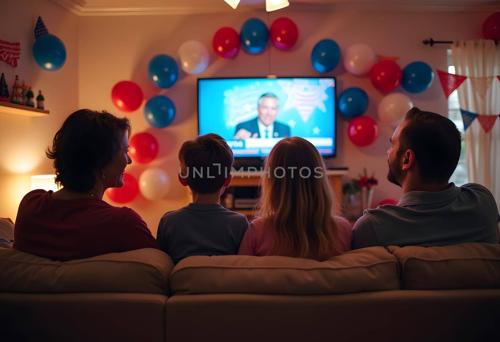 An American family in a patriotic-themed room decorated with red, white, and blue balloons watches Election Day results on TV with excitement. High quality photo