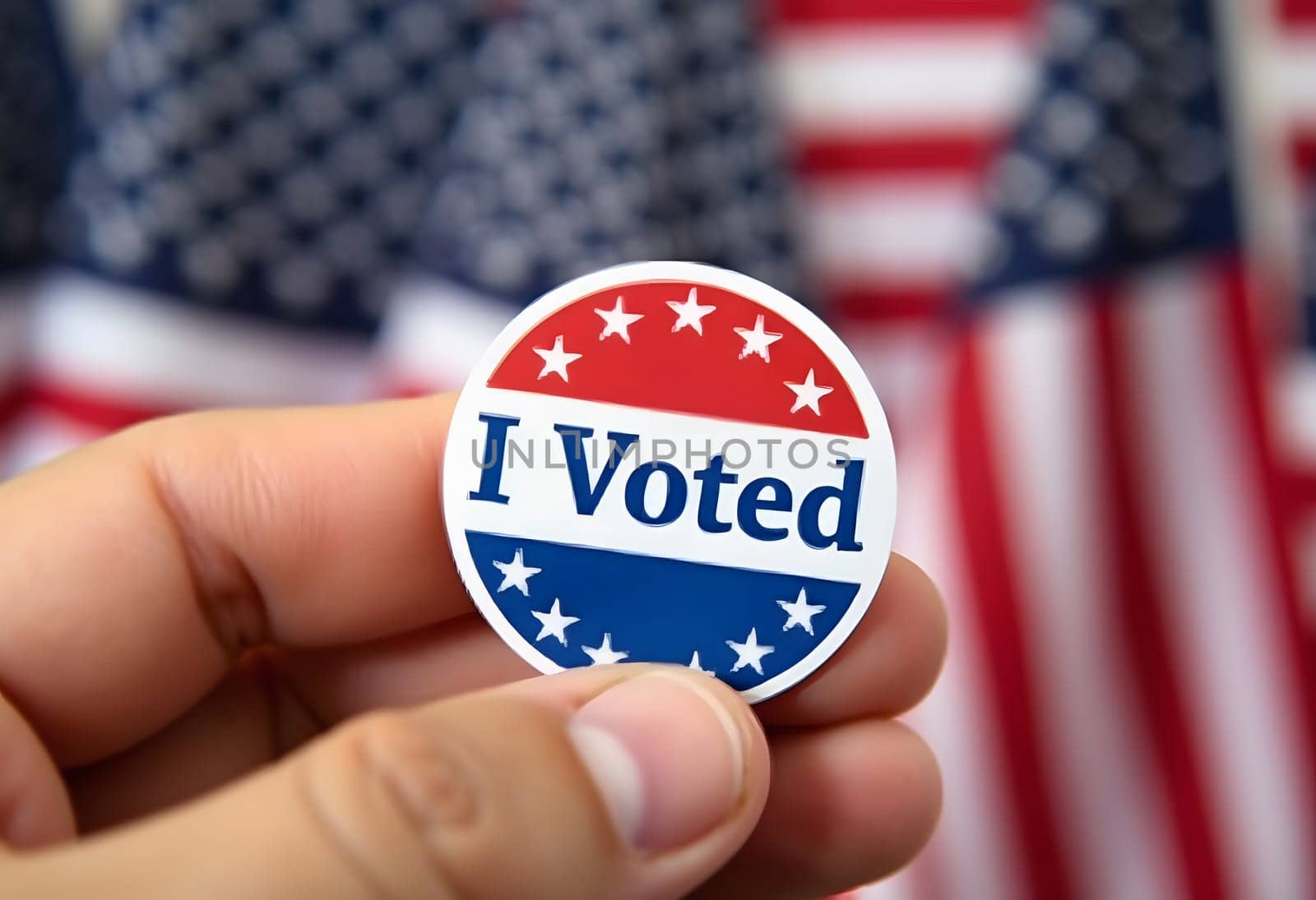 Close-up of an "I Voted" sticker on a hand, with American flags in the background, capturing pride in participating in democracy. High quality photo