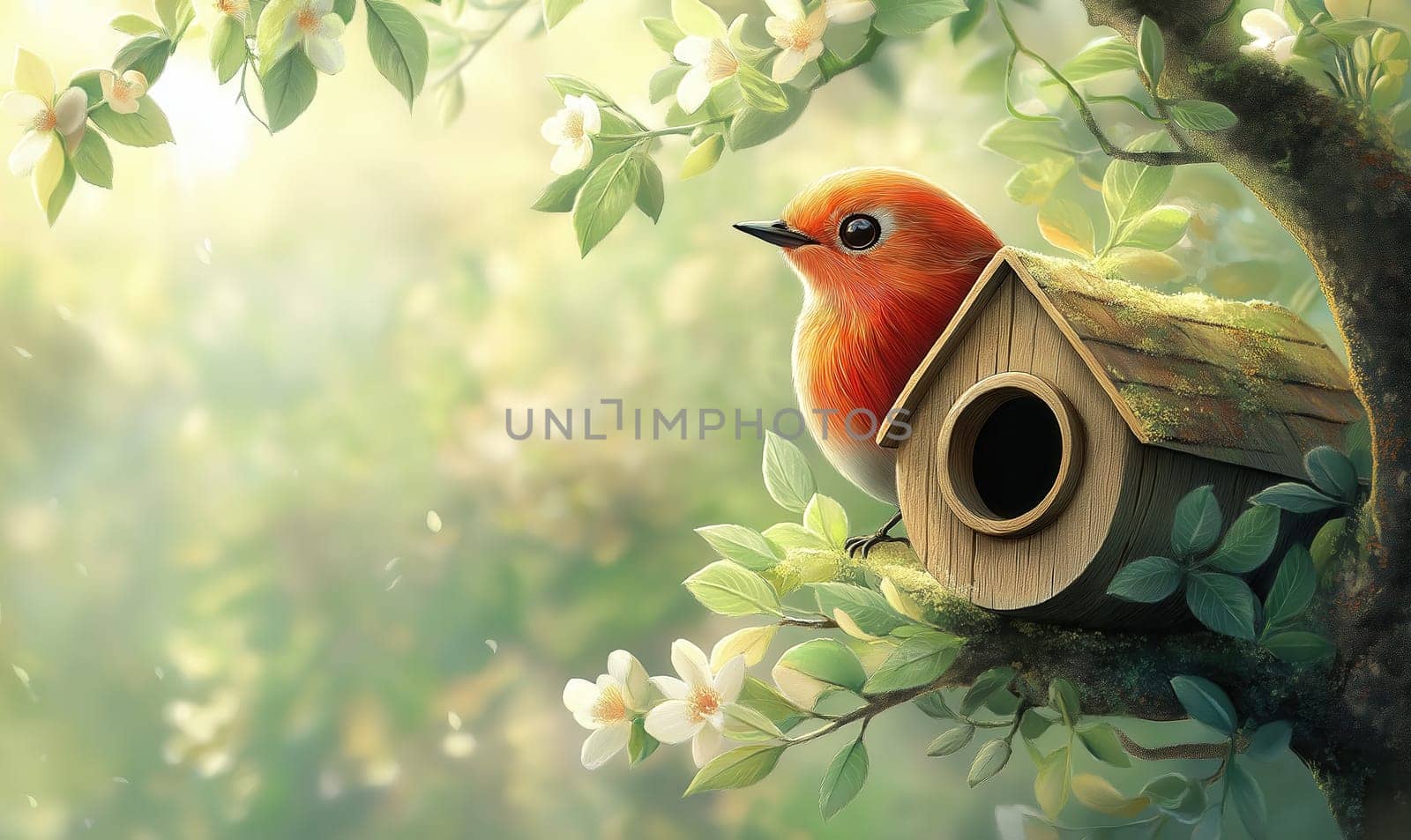 Birdhouse on tree with bird in cartoon style. Selective focus.