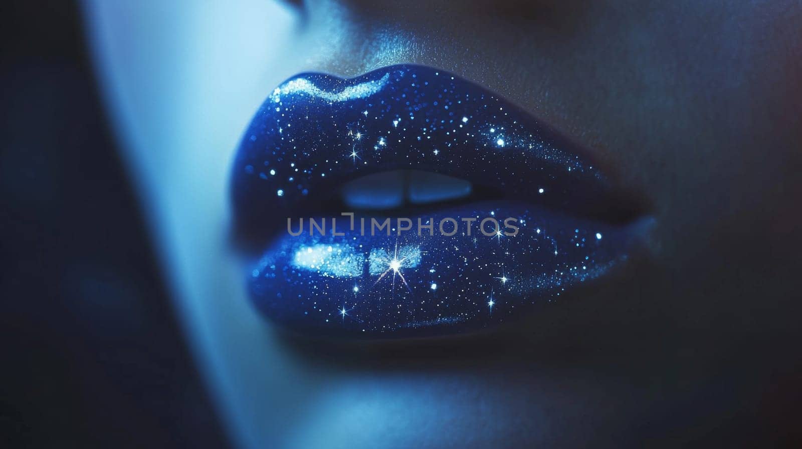 Cosmic makeup showcases a woman's lips adorned with a starlit design reminiscent of a night sky. the shimmering pattern of stars creates a futuristic and artistic look, ideal for fashion and beauty themes with a celestial twist.