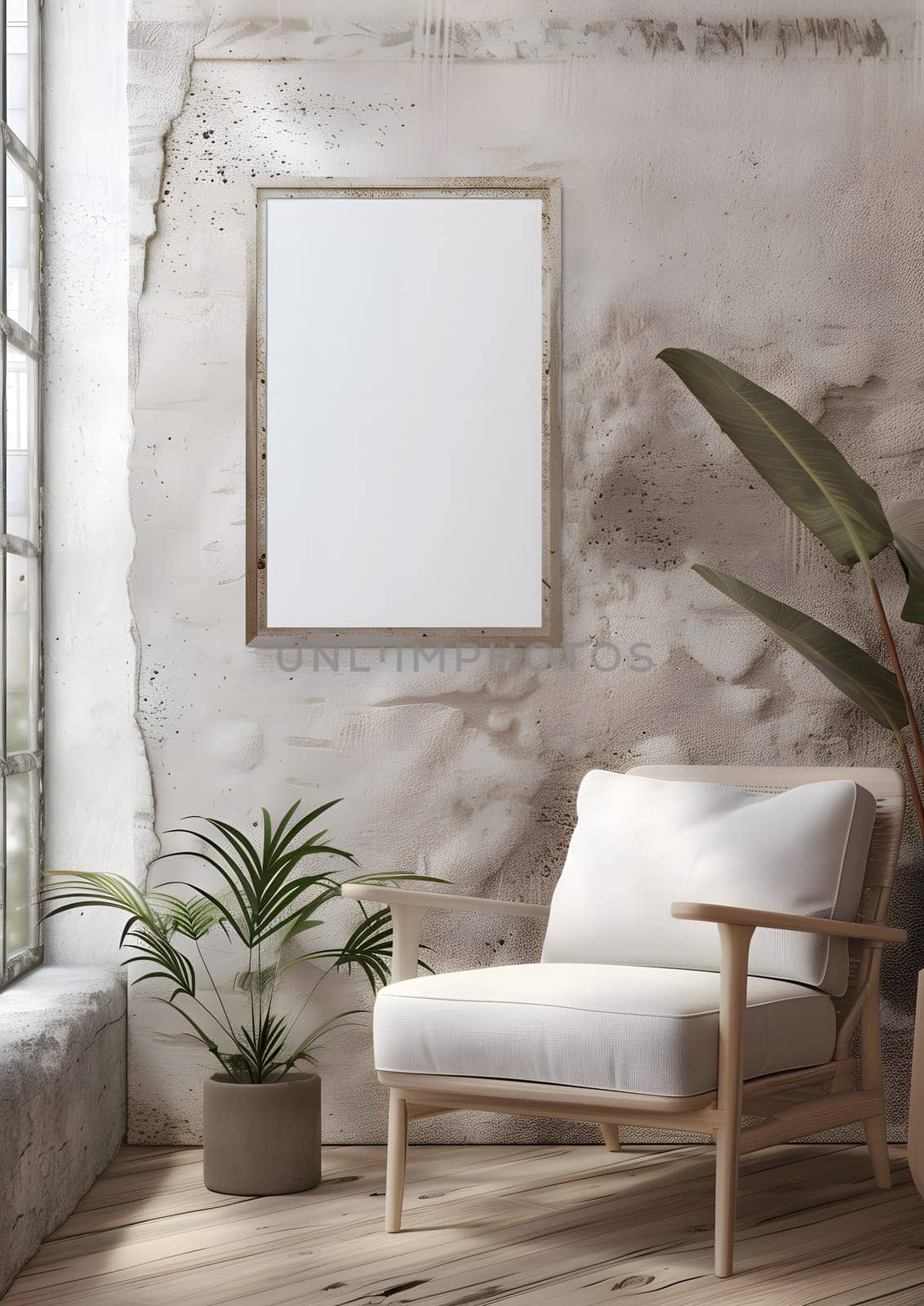 A cozy living room featuring a chair, potted plant, and picture hanging on the rectangle wood wall. The furniture adds comfort to the interior design of the property