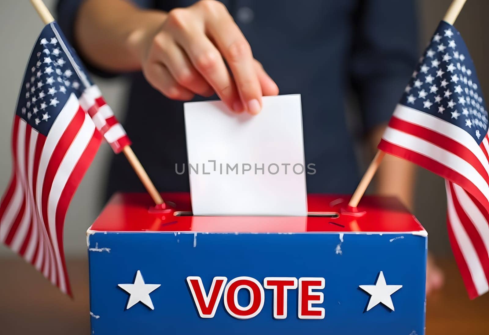 Close-up of a hand placing a ballot into a red and blue ballot box marked "Vote." Small American flags frame the scene, capturing the pride of democratic participation. High quality photo