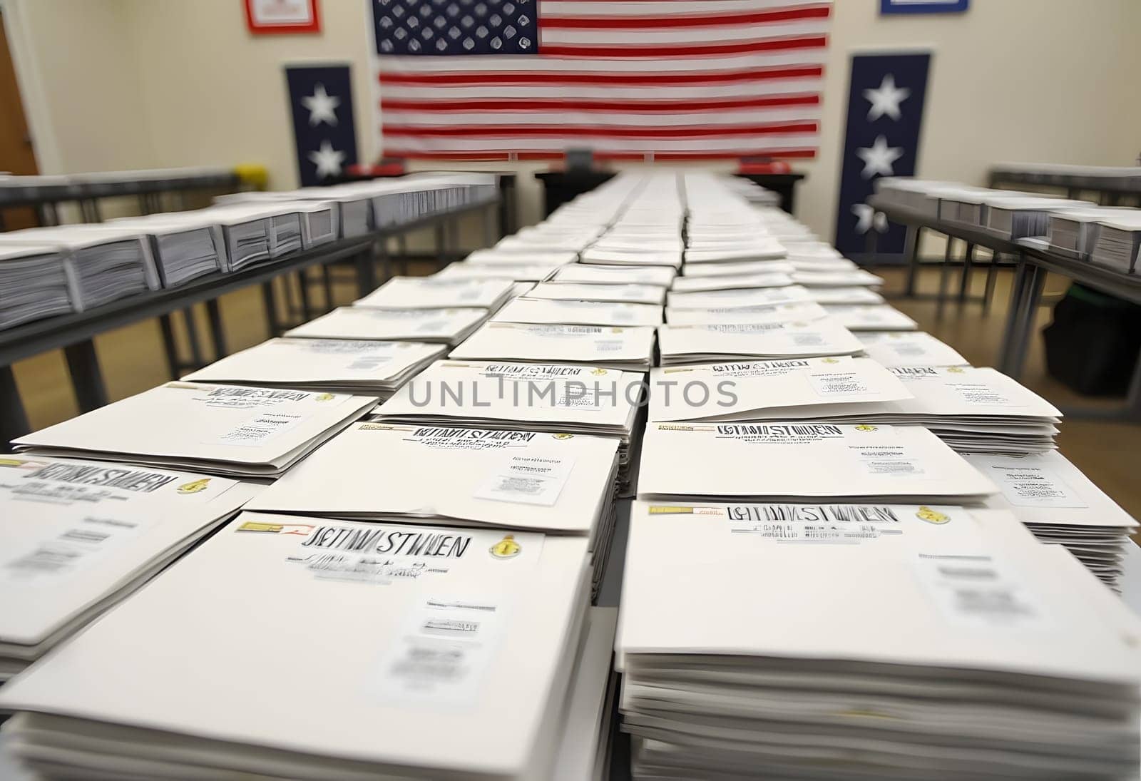 Stacks of mail-in ballots in a counting center with red, white, and blue banners and an American flag, highlighting the organized voting process. High quality photo