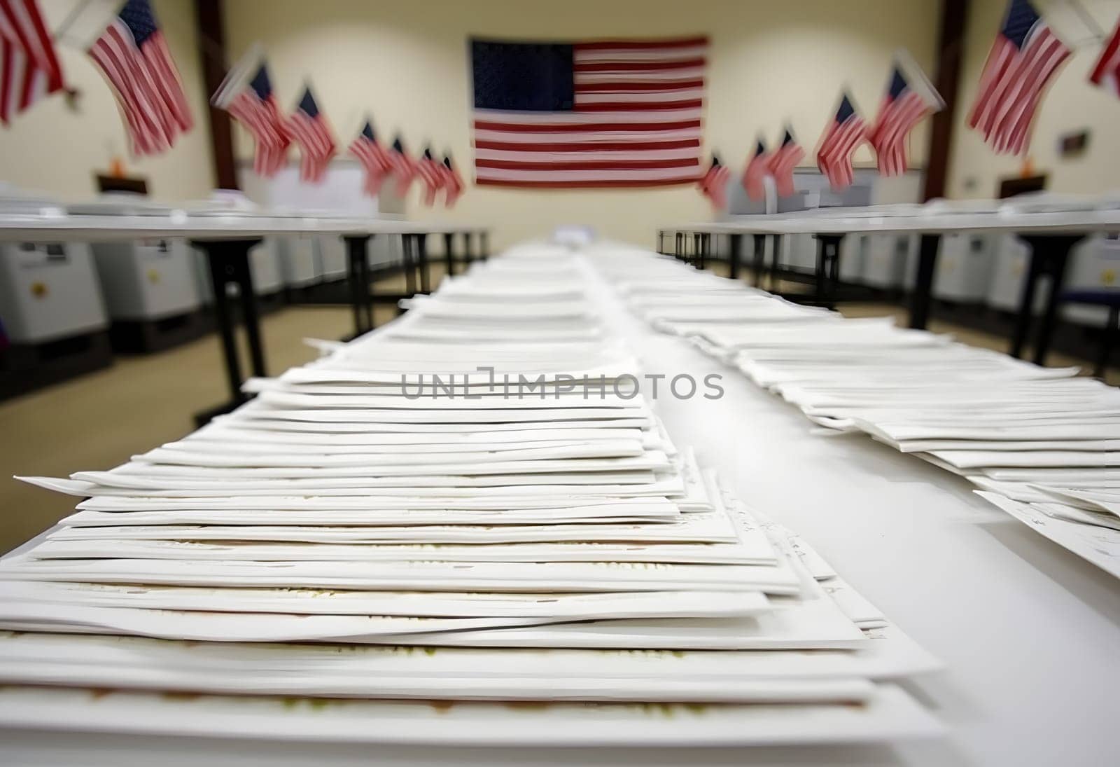 Stacks of mail-in ballots in a counting center with red, white, and blue banners and an American flag, highlighting the organized voting process. High quality photo