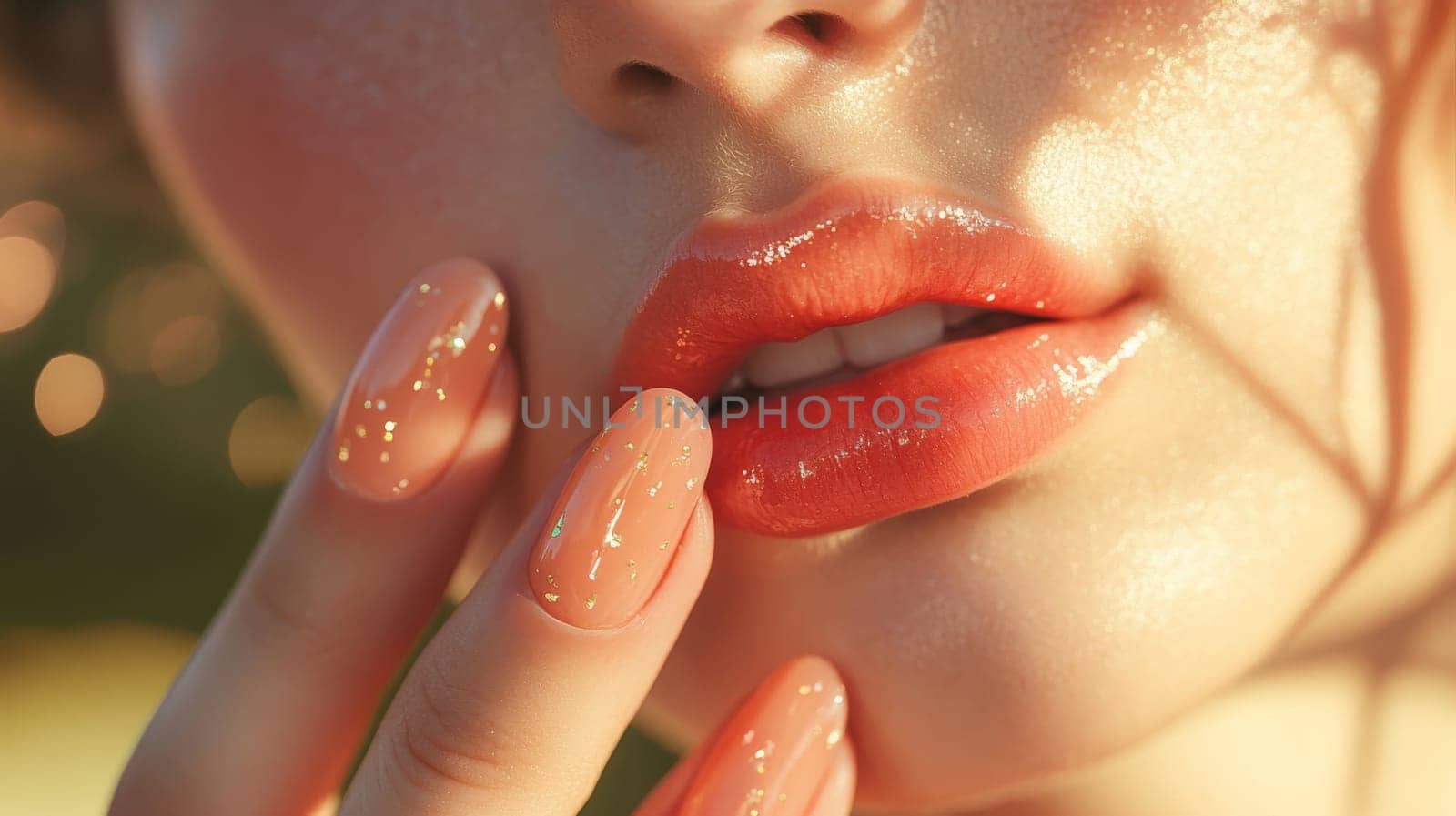 Vibrant close-up of a woman's lips and fingernails, showcasing glossy pink hues. the image emphasizes beauty, elegance, and current fashion trends, suitable for cosmetics branding and promotional materials.
