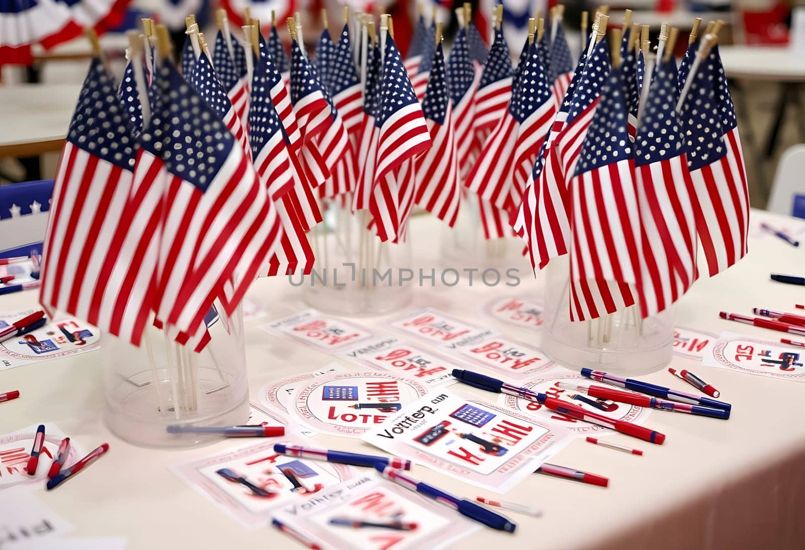 A table covered with "I Voted" stickers, American flags, and pens, ready for voters to collect after casting their ballots in a festive setting. High quality photo
