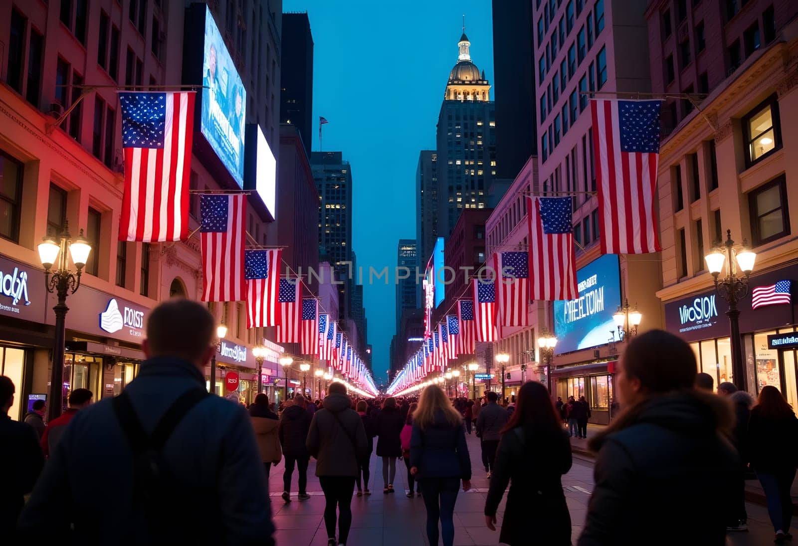 American cityscape on Election Day with buildings covered in U.S. flags and red, white, and blue lights. People celebrate in a patriotic display of democracy. High quality photo