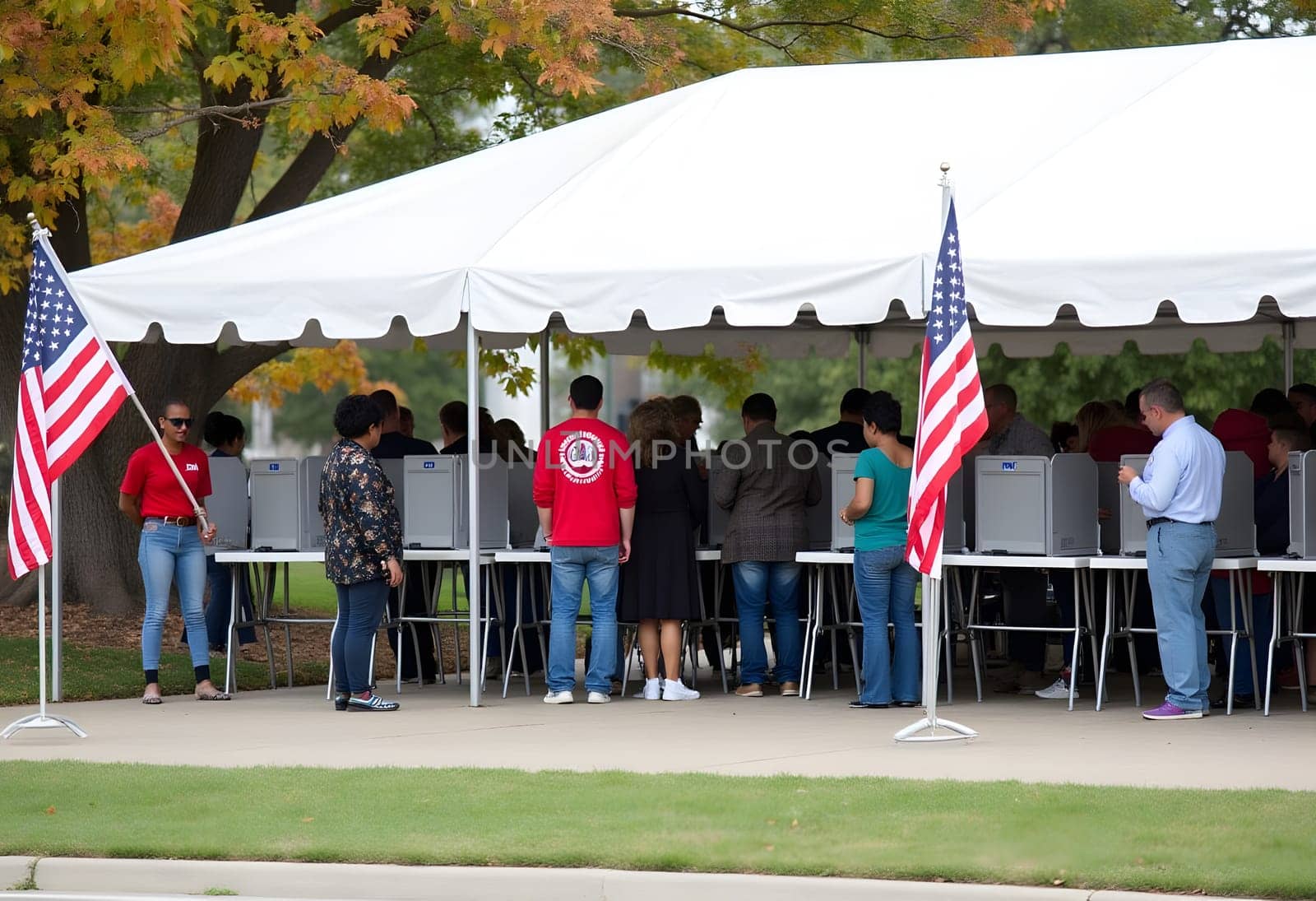An outdoor voting station with American flags and red, white, and blue decor. Voters line up in a festive, patriotic setting surrounded by autumn leaves. High quality photo