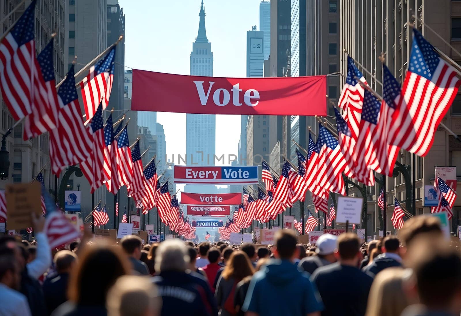 A lively rally scene with large banners reading "Vote" and "Every Vote Counts," American flags waving, and a crowd showing support for democracy. High quality photo