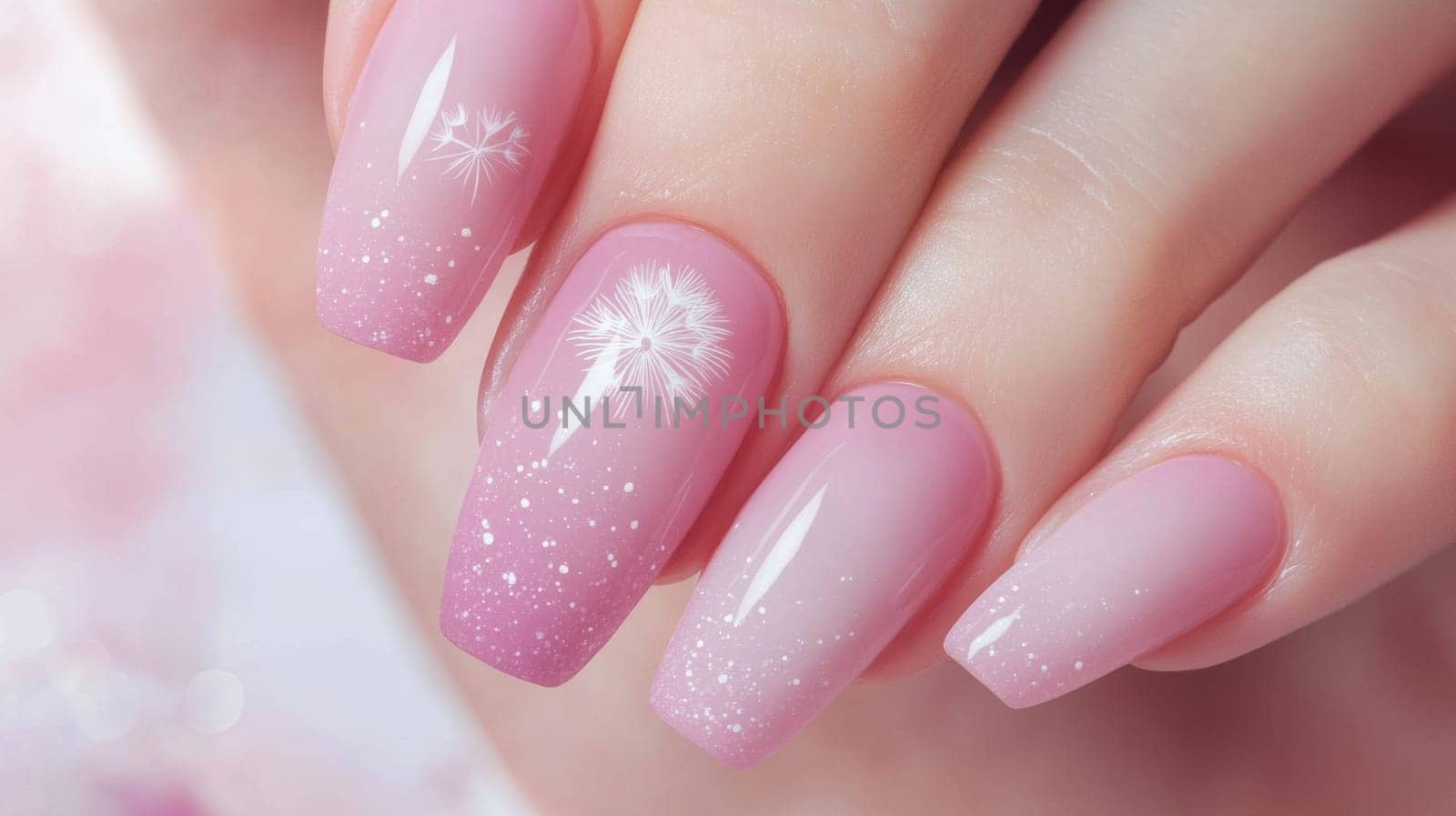 Close-up of a woman's hand featuring a soft pink manicure inspired by spring, showcasing delicate floral nail art with glitter accents. the design exudes elegance and a fresh seasonal charm, perfect for style-conscious individuals.