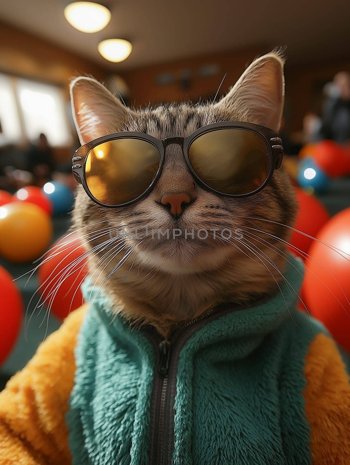 A stylish tabby cat wearing sunglasses and a cozy jacket, surrounded by colorful balloons in a lively indoor setting. Perfect for themes of fun, leisure, and animal personality