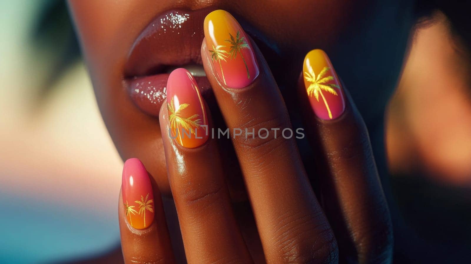 Close-up of a woman's hand showcasing nails with a tropical theme, featuring intricate palm tree designs on vibrant ombre shades. the glossy finish enhances the exotic beach vibe, blending art and elegance.